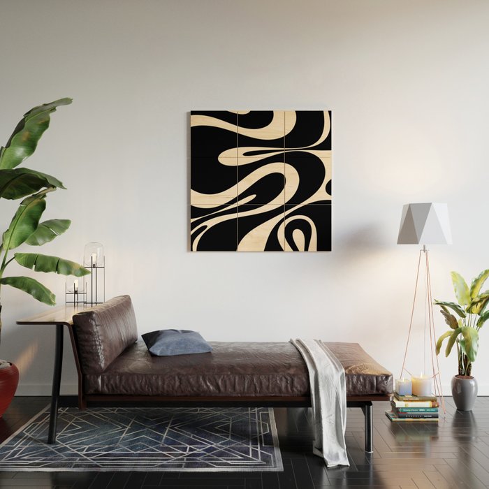 Mellow Flow Retro 60s 70s Abstract Pattern in Black and Almond Cream Wood Wall Art Gallery Image 2