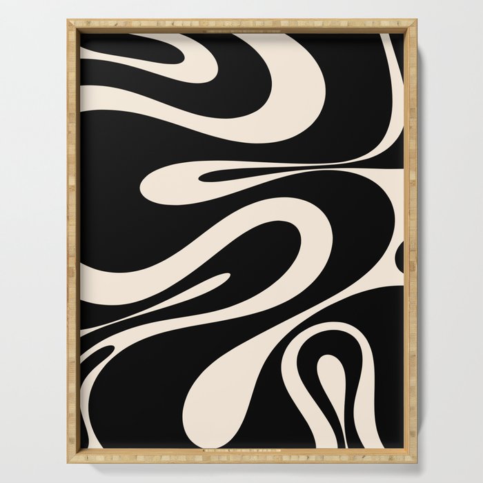 Mellow Flow Retro 60s 70s Abstract Pattern in Black and Almond Cream Serving Tray Gallery Image 1