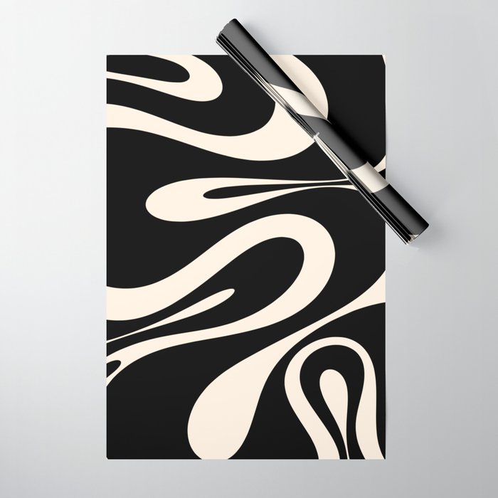 Mellow Flow Retro 60s 70s Abstract Pattern in Black and Almond Cream Wrapping Paper Gallery Image 1