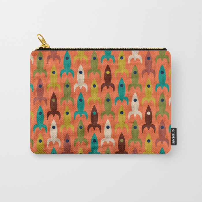Retro Rockets - Midcentury Modern Rocket Pattern in Mid Mod Teal, Red, Olive, Mustard, and Beige on Bright Orange Carry All Pouch Gallery Image 1