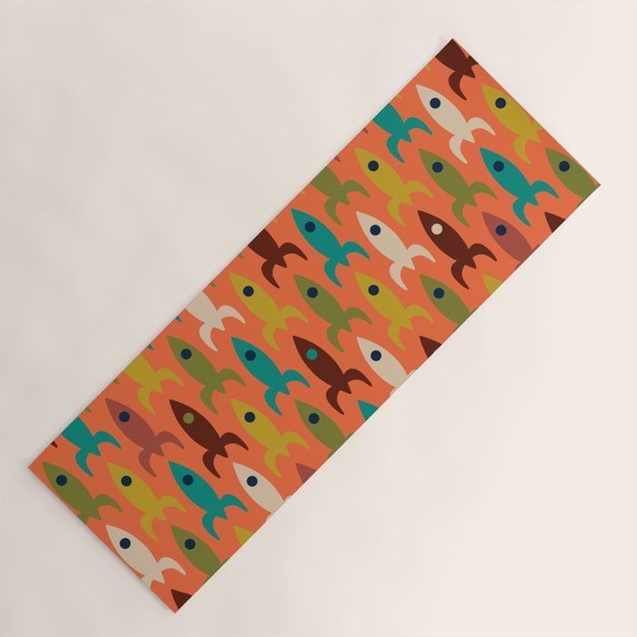 Retro Rockets - Midcentury Modern Rocket Pattern in Mid Mod Teal, Red, Olive, Mustard, and Beige on Bright Orange Yoga Mat Gallery Image 1
