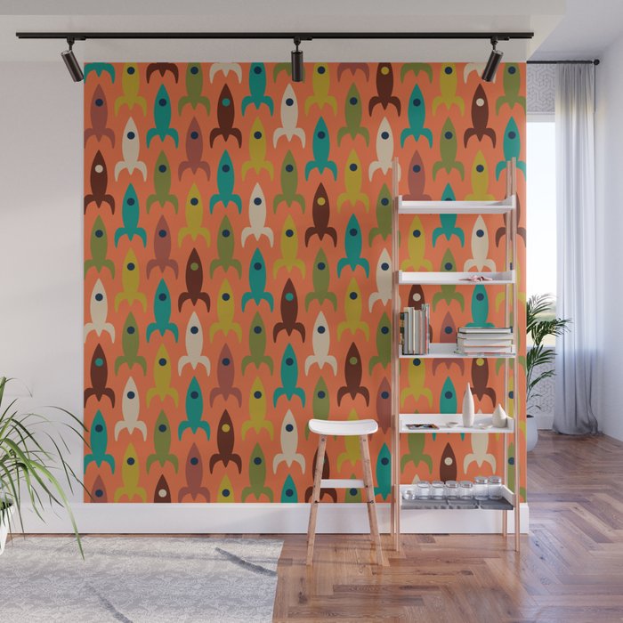 Retro Rockets - Midcentury Modern Rocket Pattern in Mid Mod Teal, Red, Olive, Mustard, and Beige on Bright Orange Wall Mural Gallery Image 1