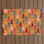 Retro Rockets - Midcentury Modern Rocket Pattern in Mid Mod Teal, Red, Olive, Mustard, and Beige on Bright Orange Outdoor Rug Gallery Image 1