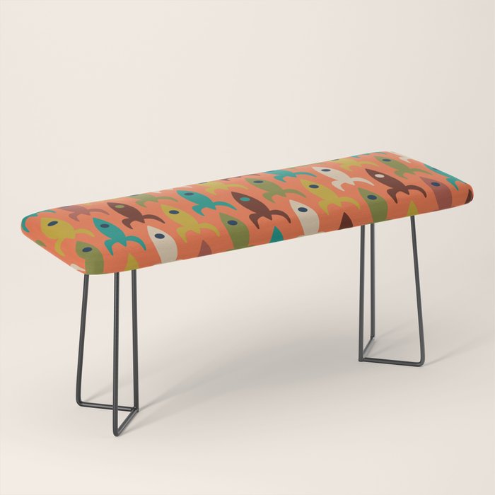 Retro Rockets - Midcentury Modern Rocket Pattern in Mid Mod Teal, Red, Olive, Mustard, and Beige on Bright Orange Bench Gallery Image 1