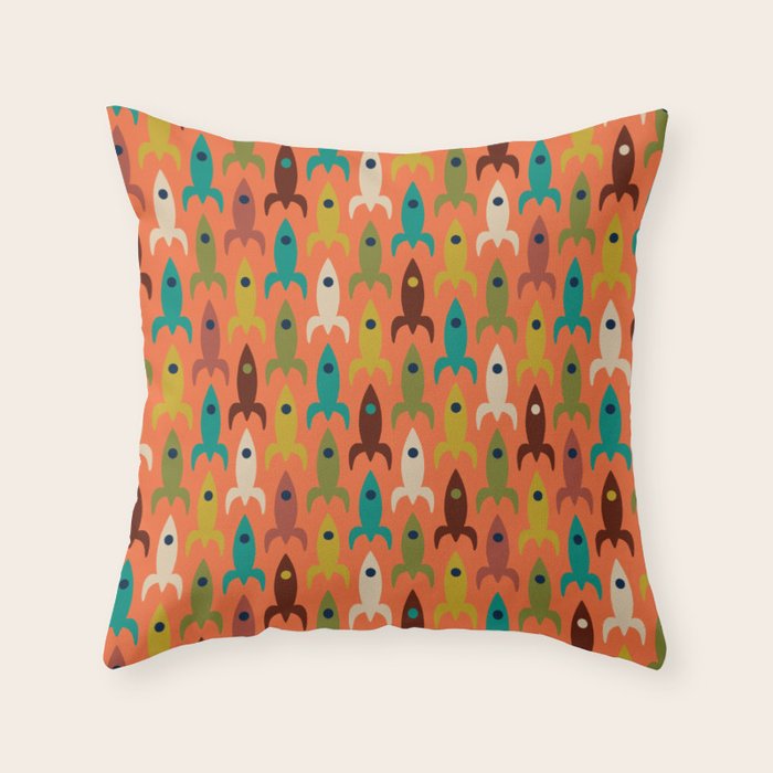 Retro Rockets - Midcentury Modern Rocket Pattern in Mid Mod Teal, Red, Olive, Mustard, and Beige on Bright Orange Throw Pillow Gallery Image 1