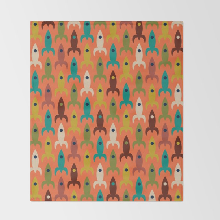 Retro Rockets - Midcentury Modern Rocket Pattern in Mid Mod Teal, Red, Olive, Mustard, and Beige on Bright Orange Throw Blanket Gallery Image 2