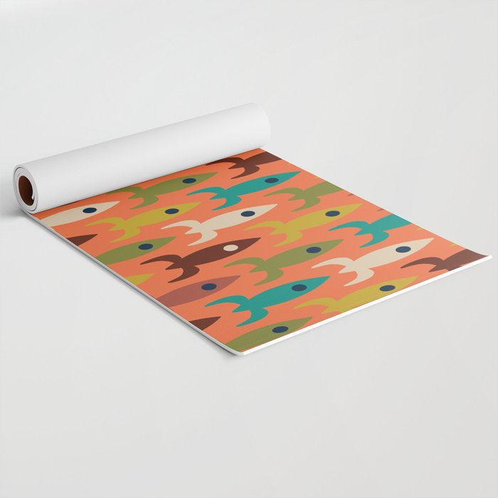 Retro Rockets - Midcentury Modern Rocket Pattern in Mid Mod Teal, Red, Olive, Mustard, and Beige on Bright Orange Yoga Mat Gallery Image 2