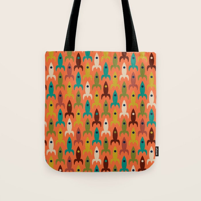 Retro Rockets - Midcentury Modern Rocket Pattern in Mid Mod Teal, Red, Olive, Mustard, and Beige on Bright Orange Tote Bag Gallery Image 1