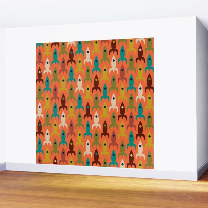 Retro Rockets - Midcentury Modern Rocket Pattern in Mid Mod Teal, Red, Olive, Mustard, and Beige on Bright Orange Wall Mural Gallery Image 2