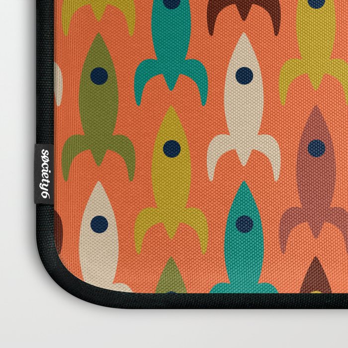 Retro Rockets - Midcentury Modern Rocket Pattern in Mid Mod Teal, Red, Olive, Mustard, and Beige on Bright Orange Laptop Sleeve Gallery Image 3
