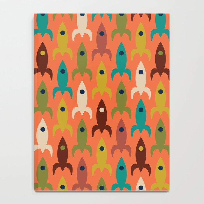 Retro Rockets - Midcentury Modern Rocket Pattern in Mid Mod Teal, Red, Olive, Mustard, and Beige on Bright Orange Notebook Gallery Image 4