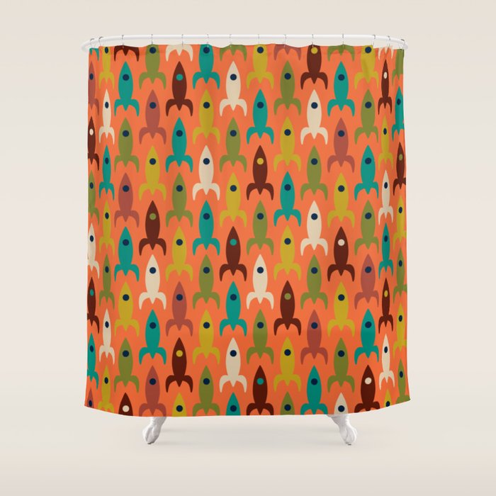 Retro Rockets - Midcentury Modern Rocket Pattern in Mid Mod Teal, Red, Olive, Mustard, and Beige on Bright Orange Shower Curtain Gallery Image 1