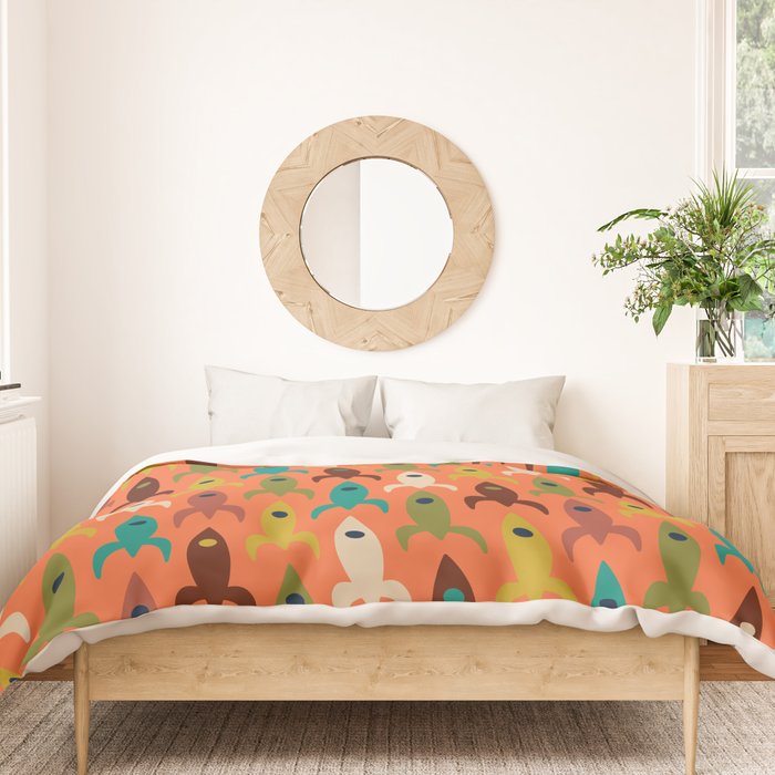 Retro Rockets - Midcentury Modern Rocket Pattern in Mid Mod Teal, Red, Olive, Mustard, and Beige on Bright Orange Duvet Cover Gallery Image 3