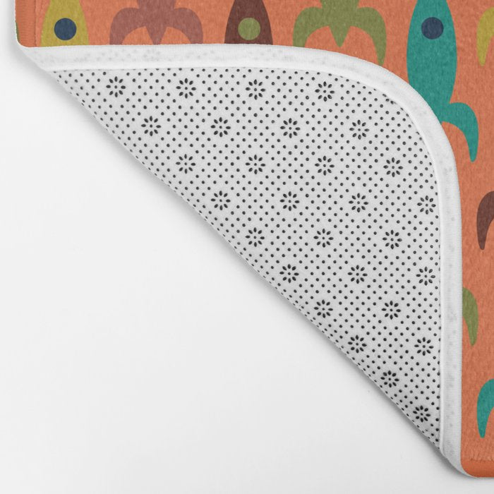 Retro Rockets - Midcentury Modern Rocket Pattern in Mid Mod Teal, Red, Olive, Mustard, and Beige on Bright Orange Bath Mat Gallery Image 2
