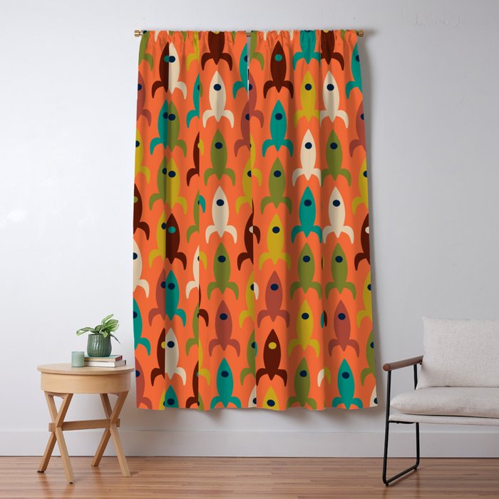 Retro Rockets - Midcentury Modern Rocket Pattern in Mid Mod Teal, Red, Olive, Mustard, and Beige on Bright Orange Window Curtain Gallery Image 5