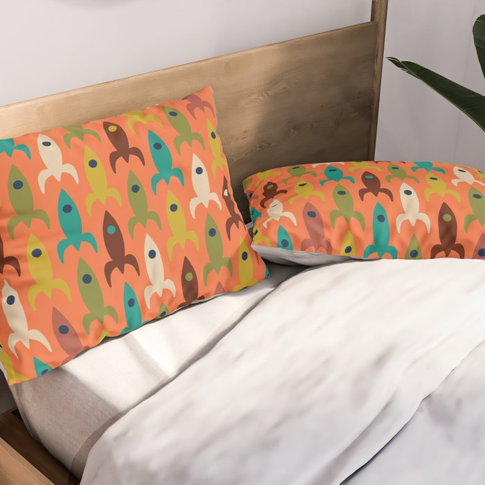 Retro Rockets - Midcentury Modern Rocket Pattern in Mid Mod Teal, Red, Olive, Mustard, and Beige on Bright Orange Pillow Sham Gallery Image 2