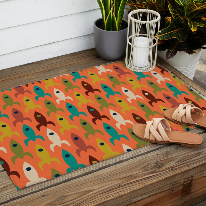 Retro Rockets - Midcentury Modern Rocket Pattern in Mid Mod Teal, Red, Olive, Mustard, and Beige on Bright Orange Outdoor Rug Gallery Image 2