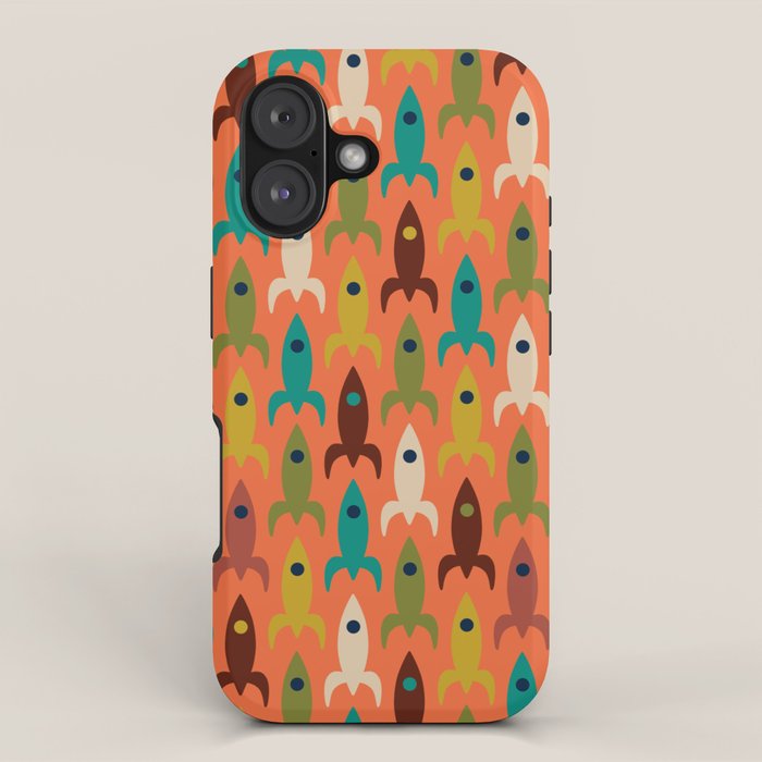 Retro Rockets - Midcentury Modern Rocket Pattern in Mid Mod Teal, Red, Olive, Mustard, and Beige on Bright Orange iPhone Case Gallery Image 1