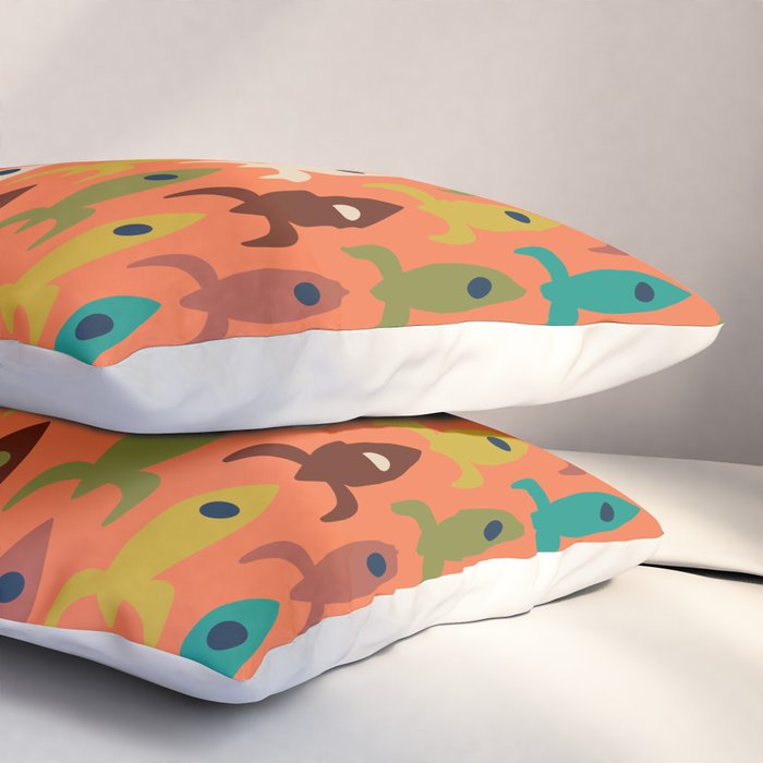 Retro Rockets - Midcentury Modern Rocket Pattern in Mid Mod Teal, Red, Olive, Mustard, and Beige on Bright Orange Pillow Sham Gallery Image 3