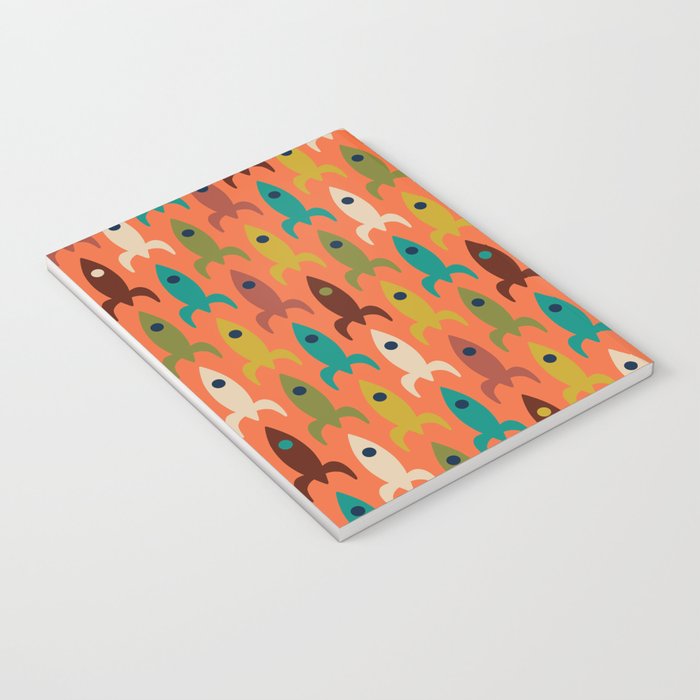 Retro Rockets - Midcentury Modern Rocket Pattern in Mid Mod Teal, Red, Olive, Mustard, and Beige on Bright Orange Notebook Gallery Image 3
