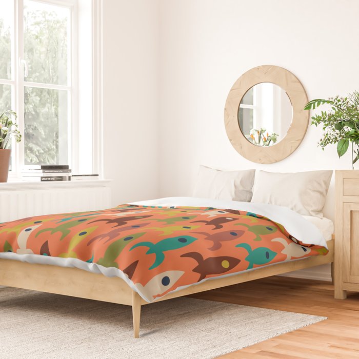 Retro Rockets - Midcentury Modern Rocket Pattern in Mid Mod Teal, Red, Olive, Mustard, and Beige on Bright Orange Duvet Cover Gallery Image 2