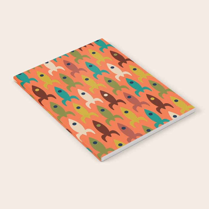 Retro Rockets - Midcentury Modern Rocket Pattern in Mid Mod Teal, Red, Olive, Mustard, and Beige on Bright Orange Notebook Gallery Image 1