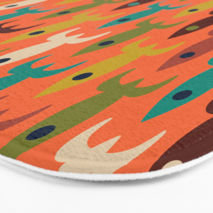 Retro Rockets - Midcentury Modern Rocket Pattern in Mid Mod Teal, Red, Olive, Mustard, and Beige on Bright Orange Bath Mat Gallery Image 3