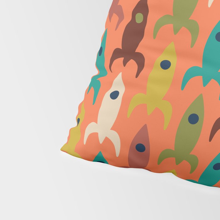 Retro Rockets - Midcentury Modern Rocket Pattern in Mid Mod Teal, Red, Olive, Mustard, and Beige on Bright Orange Pillow Sham Gallery Image 4