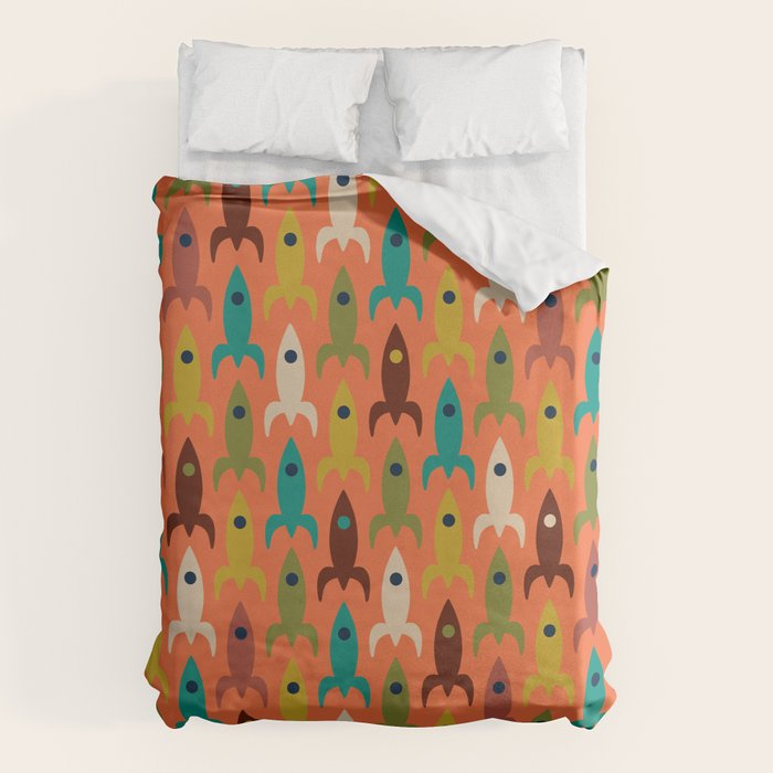Retro Rockets - Midcentury Modern Rocket Pattern in Mid Mod Teal, Red, Olive, Mustard, and Beige on Bright Orange Duvet Cover Gallery Image 1