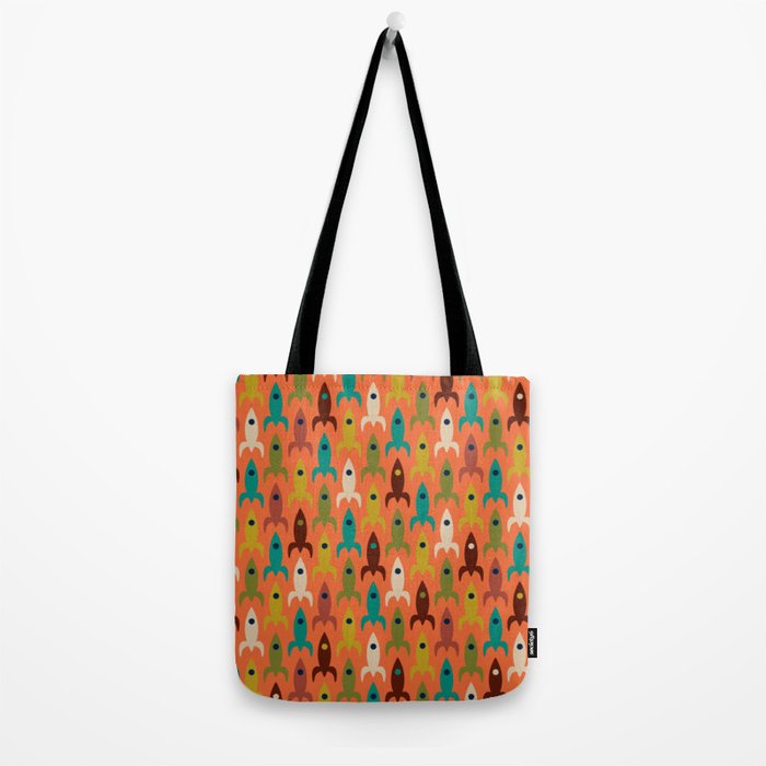 Retro Rockets - Midcentury Modern Rocket Pattern in Mid Mod Teal, Red, Olive, Mustard, and Beige on Bright Orange Tote Bag Gallery Image 2