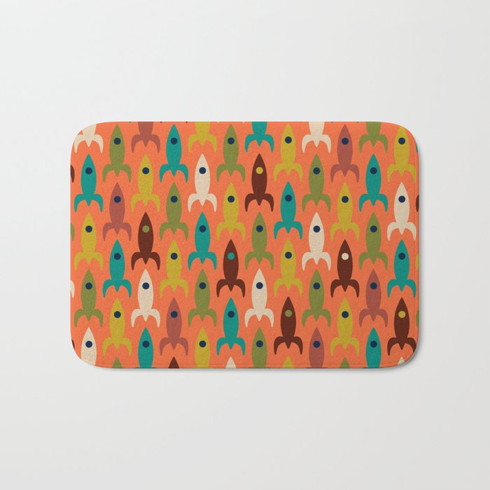 Retro Rockets - Midcentury Modern Rocket Pattern in Mid Mod Teal, Red, Olive, Mustard, and Beige on Bright Orange Bath Mat Gallery Image 1