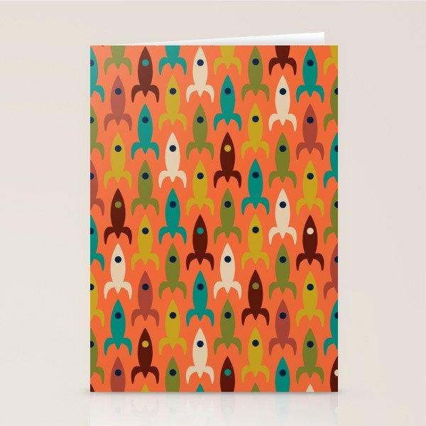 Retro Rockets - Midcentury Modern Rocket Pattern in Mid Mod Teal, Red, Olive, Mustard, and Beige on Bright Orange Stationery Card Gallery Image 2