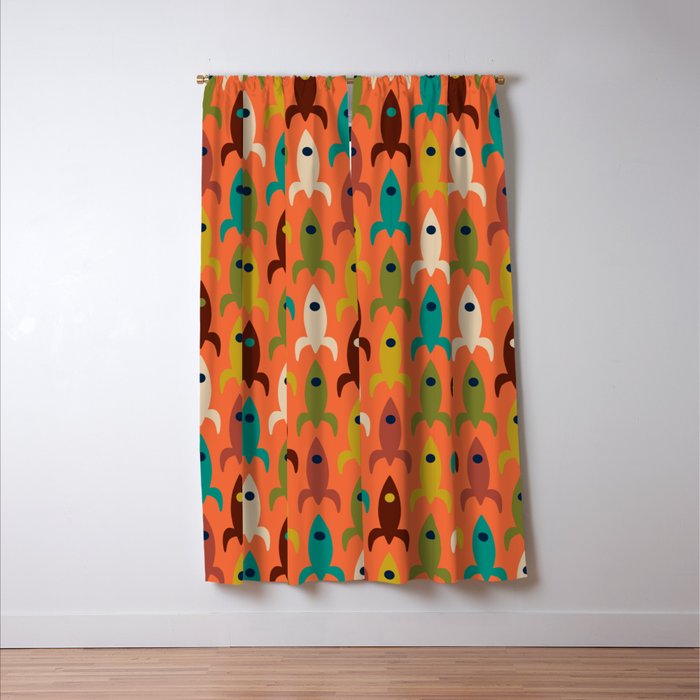 Retro Rockets - Midcentury Modern Rocket Pattern in Mid Mod Teal, Red, Olive, Mustard, and Beige on Bright Orange Window Curtain Gallery Image 3