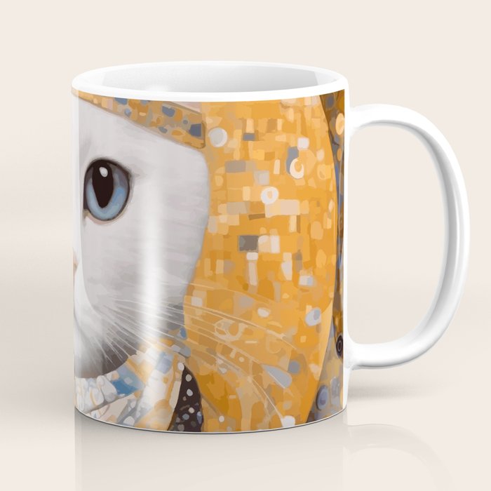 White Klimt Cat in Beautiful Dress Coffee Mug Gallery Image 1