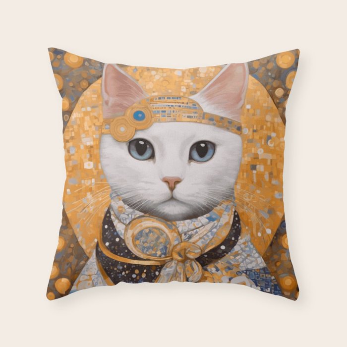 White Klimt Cat in Beautiful Dress Throw Pillow Gallery Image 6