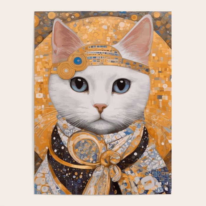 White Klimt Cat in Beautiful Dress Poster Gallery Image 4