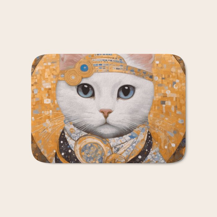 White Klimt Cat in Beautiful Dress Bath Mat Gallery Image 1