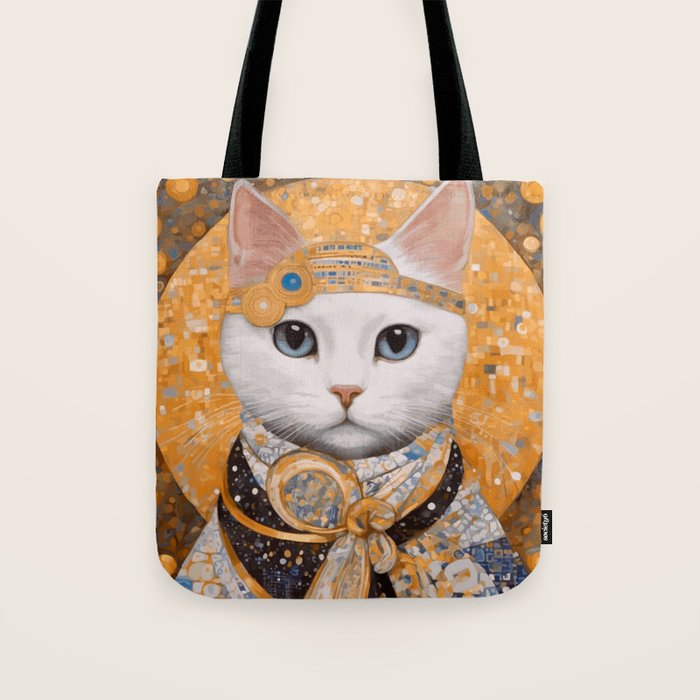 White Klimt Cat in Beautiful Dress Tote Bag Gallery Image 1