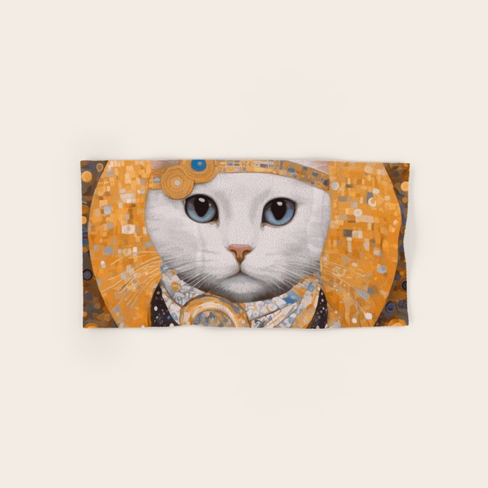 White Klimt Cat in Beautiful Dress Bath Towel Gallery Image 1