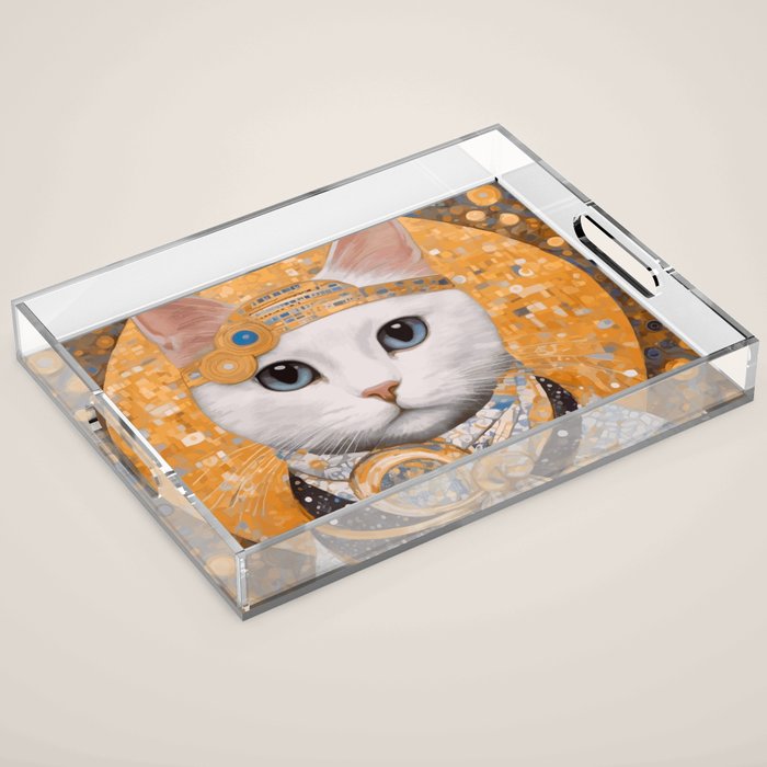 White Klimt Cat in Beautiful Dress Acrylic Tray Gallery Image 1