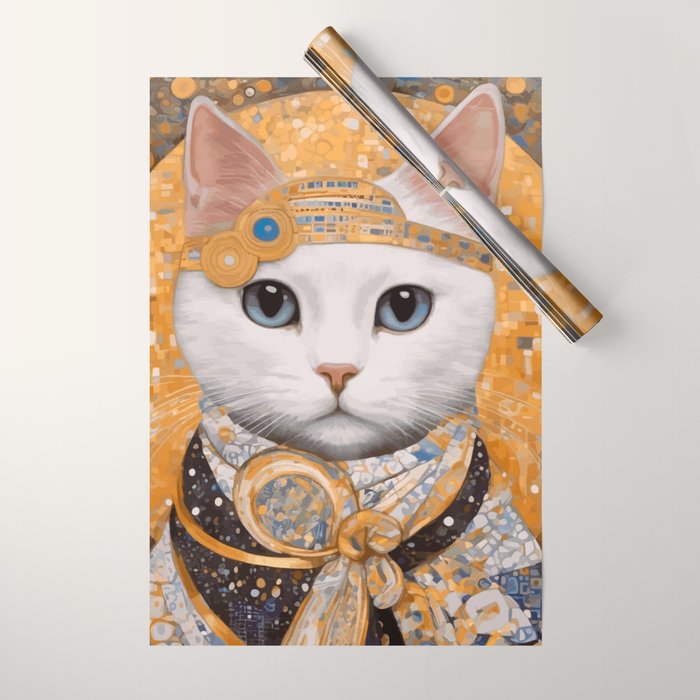 White Klimt Cat in Beautiful Dress Wrapping Paper Gallery Image 1