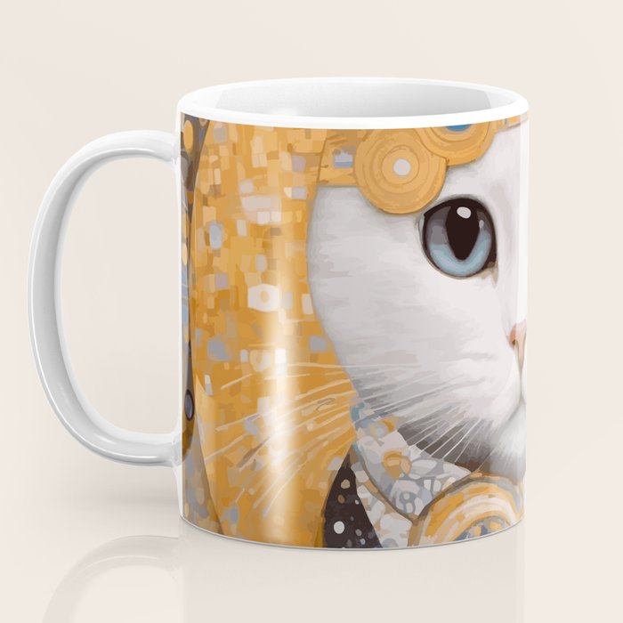 White Klimt Cat in Beautiful Dress Coffee Mug Gallery Image 3