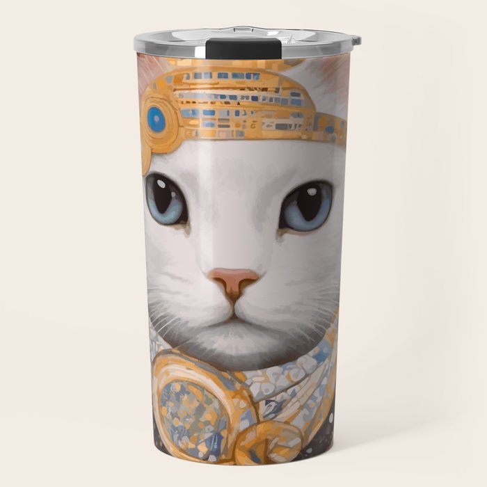 White Klimt Cat in Beautiful Dress Travel Mug