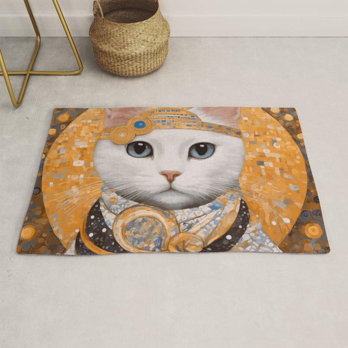 White Klimt Cat in Beautiful Dress Rug Gallery Image 1