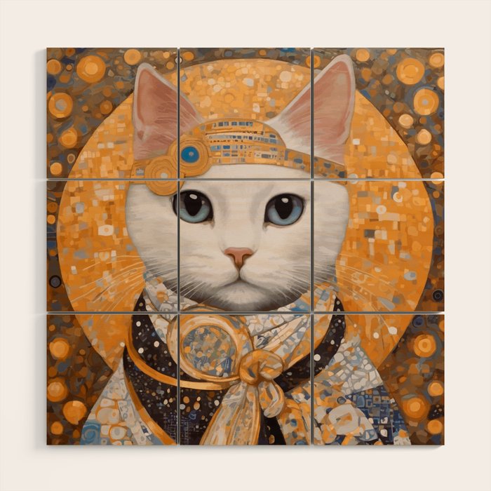 White Klimt Cat in Beautiful Dress Wood Wall Art Gallery Image 1