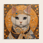 White Klimt Cat in Beautiful Dress Wood Wall Art Gallery Image 1