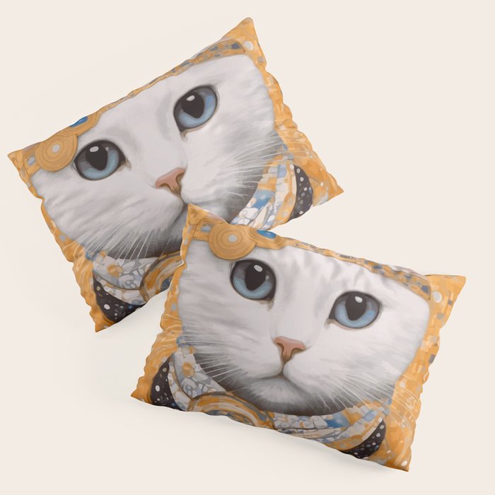 White Klimt Cat in Beautiful Dress Pillow Sham Gallery Image 1