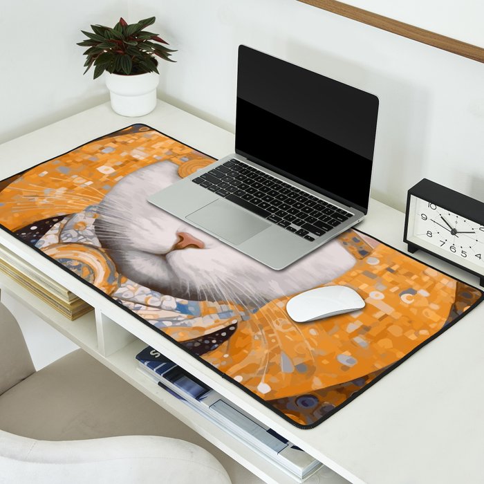 White Klimt Cat in Beautiful Dress Desk Mat Gallery Image 2