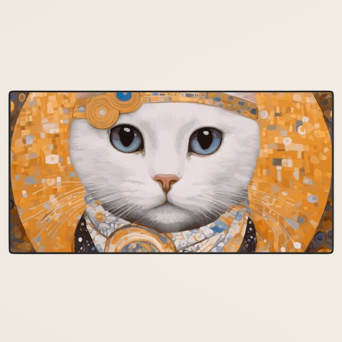White Klimt Cat in Beautiful Dress Desk Mat Gallery Image 3