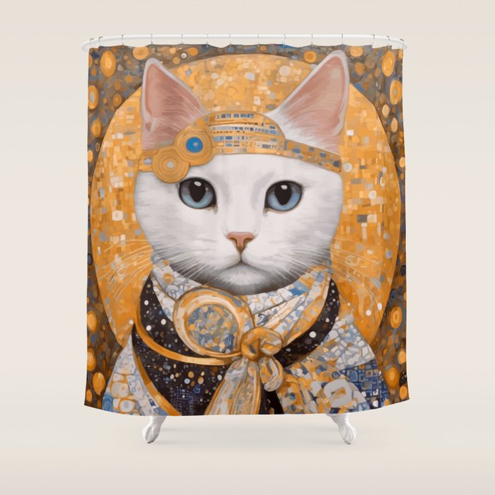 White Klimt Cat in Beautiful Dress Shower Curtain Gallery Image 1